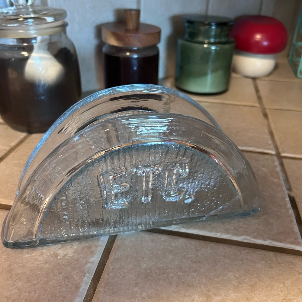 Vintage Pressed Glass “ETC.” Mail Holder Desk Organizer Mid Century